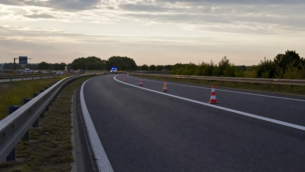Abgesperrte Autobahnausfahrt mit Schutzplanke als Symbol für den Unfall auf der A57.