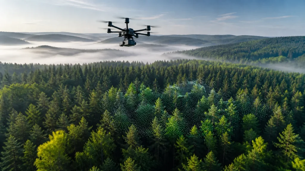 Drohne über dem Arnsberger Wald als Symbol für ein KI-gestütztes Forschungsprojekt.