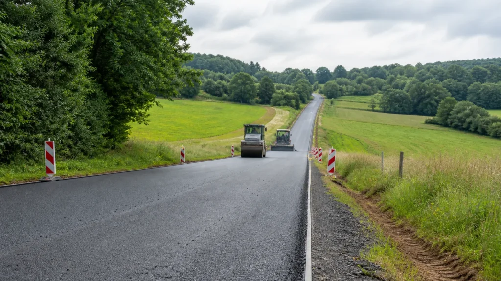 Straßenbauarbeiten auf einer Bundesstraße in einer hügeligen Landschaft bei Brilon.