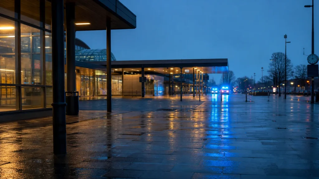 Bahnhofsvorplatz im frühen Morgenlicht mit entfernten Einsatzlichtern als Symbol für den Polizeieinsatz in Bielefeld.