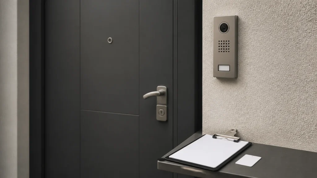 Haustür mit Gegensprechanlage als Symbol für falsche Energieversorger.