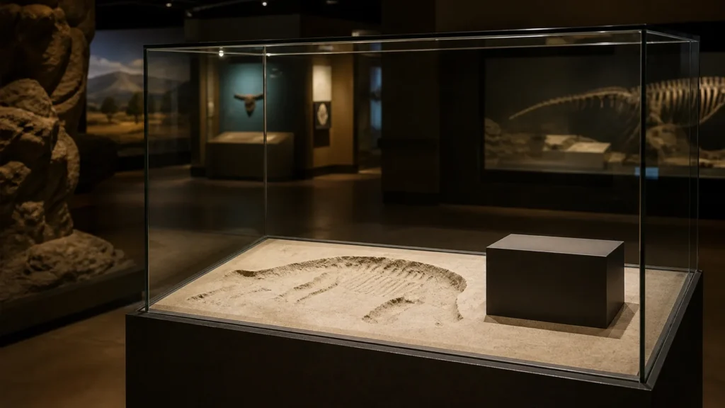 Museumsvitrine mit leerer Fossilienkontur als Symbol für einen Diebstahl in Bonn.