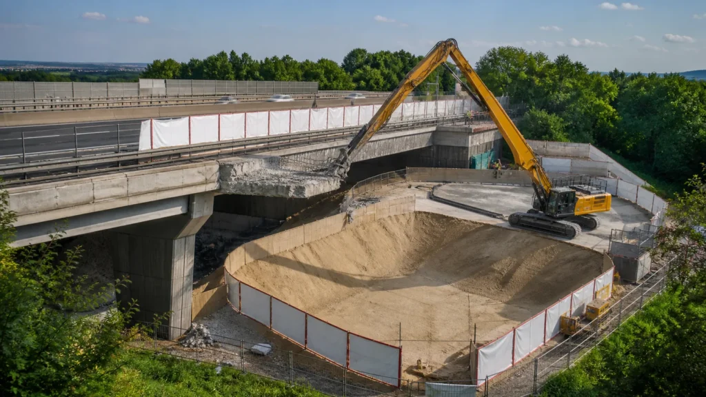 Kontrollierter Abriss einer Autobahn-Vorlandbrücke mit Abbruchbagger und Sand-Fallbett.