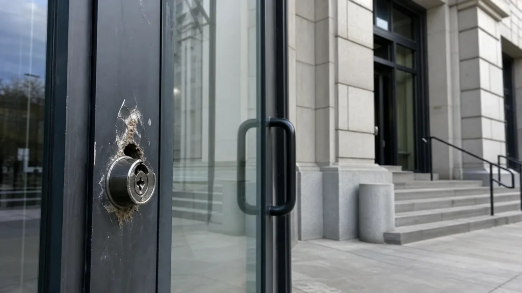 Beschädigtes Türschloss an einem Verwaltungsgebäude als Symbol für den Einbruch in Brüggen.