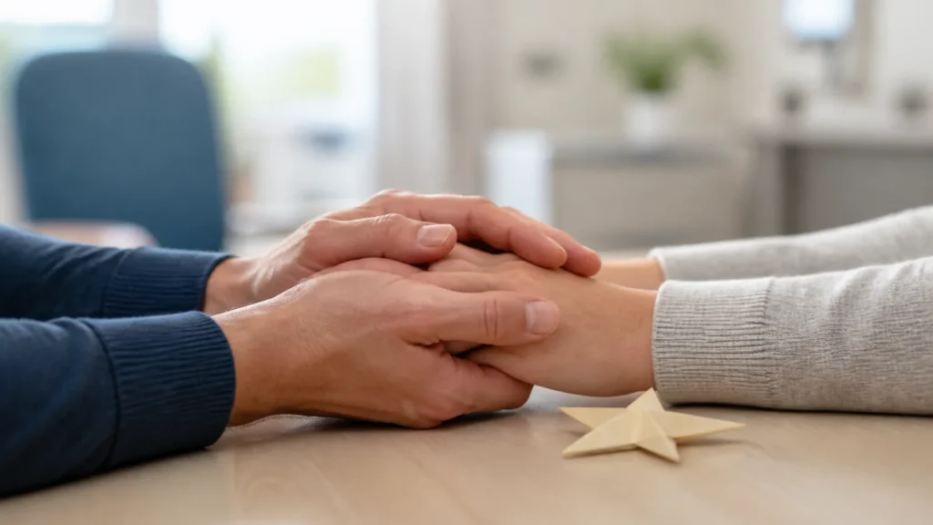 Helfende Hände und ein dezentes Sternmotiv als Symbol für Kinderpalliativversorgung und ehrenamtliches Engagement.