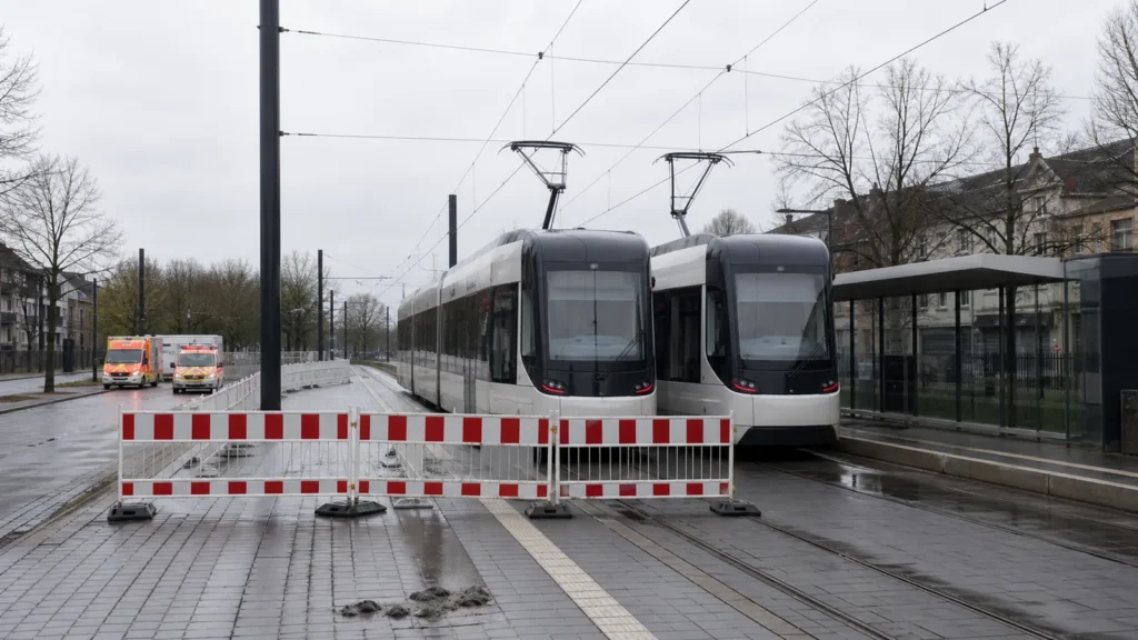 Zwei Straßenbahnen und entfernte Rettungsfahrzeuge als Symbol für den Unfall in Gelsenkirchen.