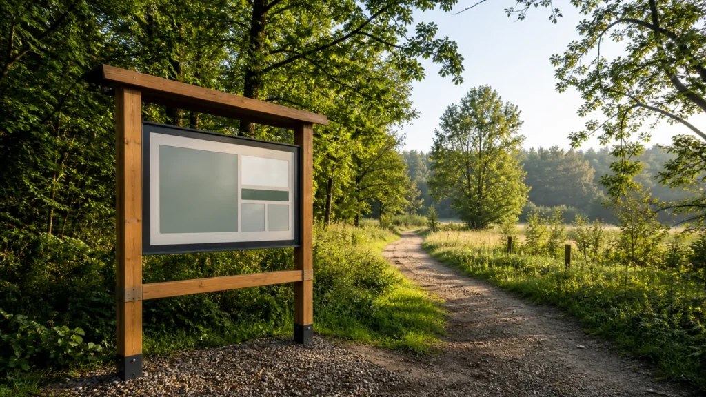 Informationstafel an einem Weg in einem Kölner Naturschutzgebiet.