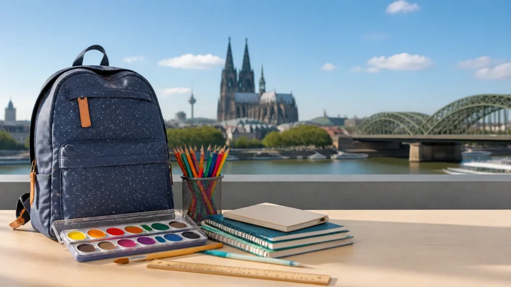 Schulmaterialien vor einer Kölner Stadtsilhouette als Symbol für die Einschulungshilfe.