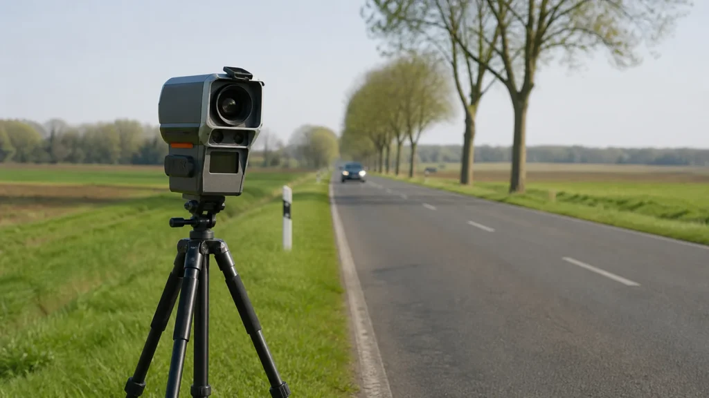 Mobiles Geschwindigkeitsmessgerät an einer Landstraße im Kreis Borken.