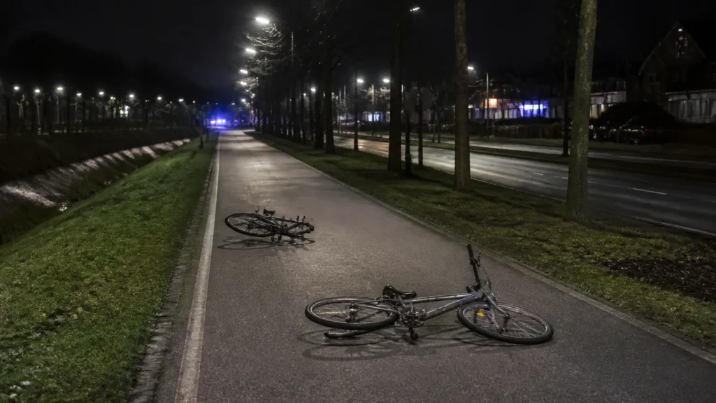 Zwei umgestürzte Fahrräder auf einem nächtlichen Radweg als Symbol für den Unfall in Lippstadt.