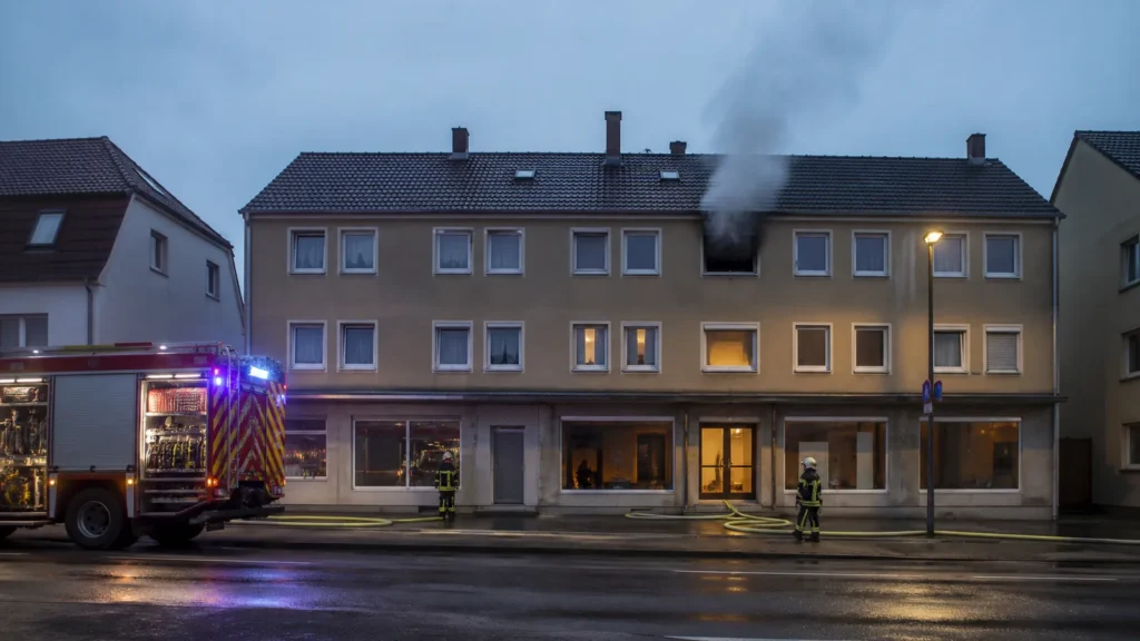 Wohn- und Geschäftshaus mit Rauch aus einem oberen Fenster als Symbol für den Brand in Menden.