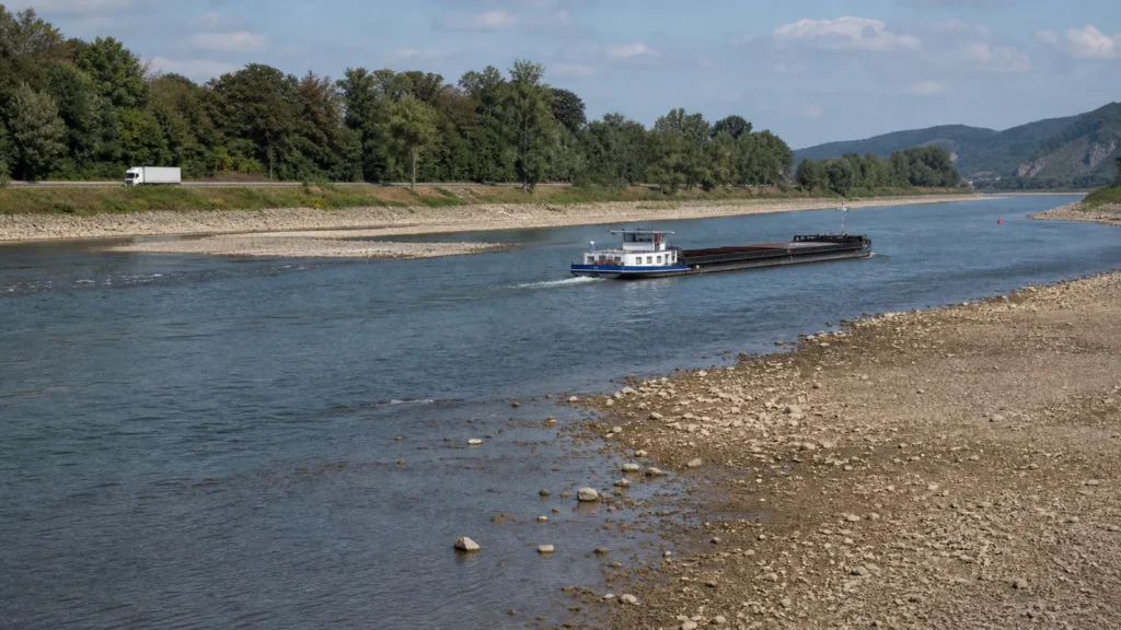 Frachtschiff bei niedrigem Wasserstand auf dem Rhein und ein Lastwagen als Symbol für verlagerte Gütertransporte.