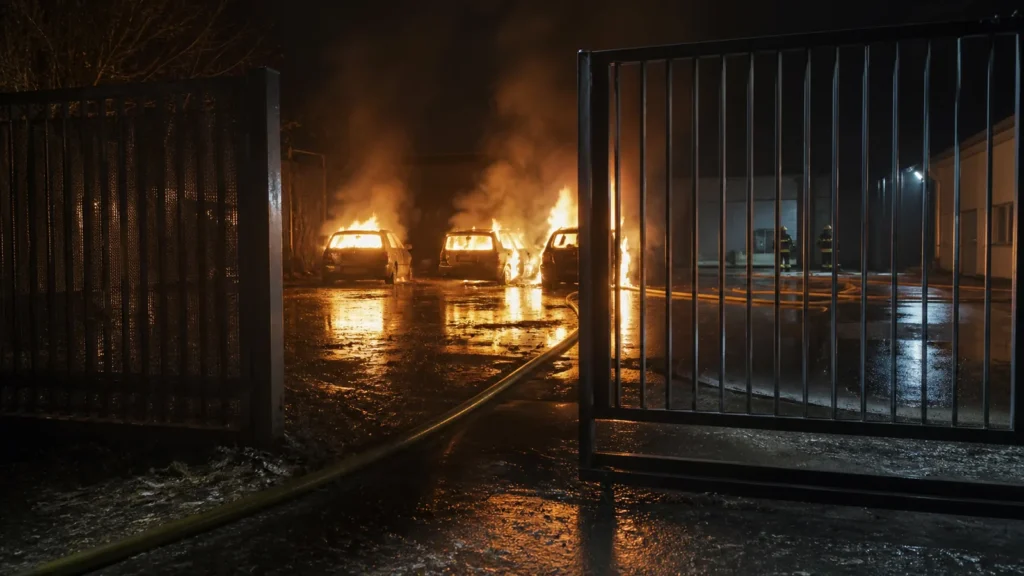 Brennende Fahrzeuge auf einem abgeschlossenen Hof als Symbol für den Feuerwehreinsatz in Paderborn.