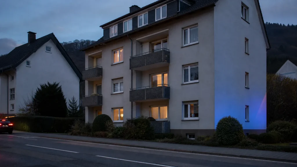Mehrfamilienhaus am Abend mit dezentem Einsatzlicht als Symbol für die Ermittlungen in Siegen.