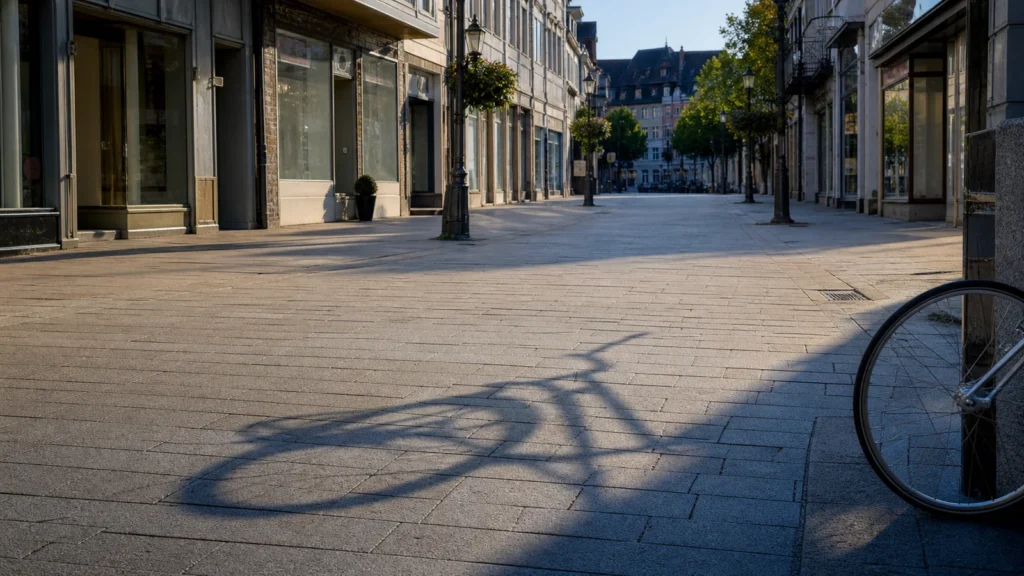 Leere Fußgängerzone mit Fahrradsilhouette als Symbol für eine Zeugensuche in Viersen.