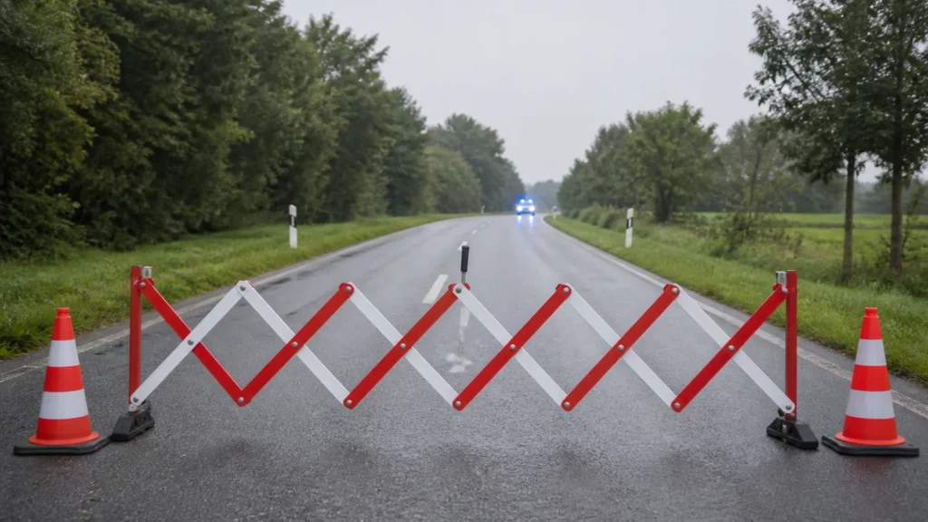 Straßenabsperrung und Einsatzlichter als Symbol für Verkehrsbehinderungen bei Viersen.