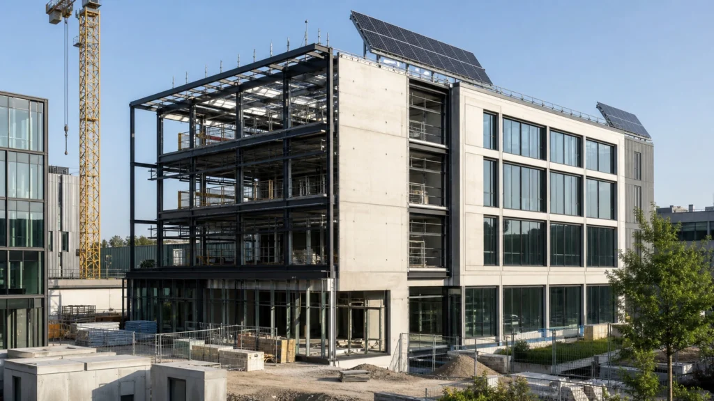 Helle frühe Bauphase auf einem Aachener Hochschulcampus mit Kran und moderner Campusarchitektur.