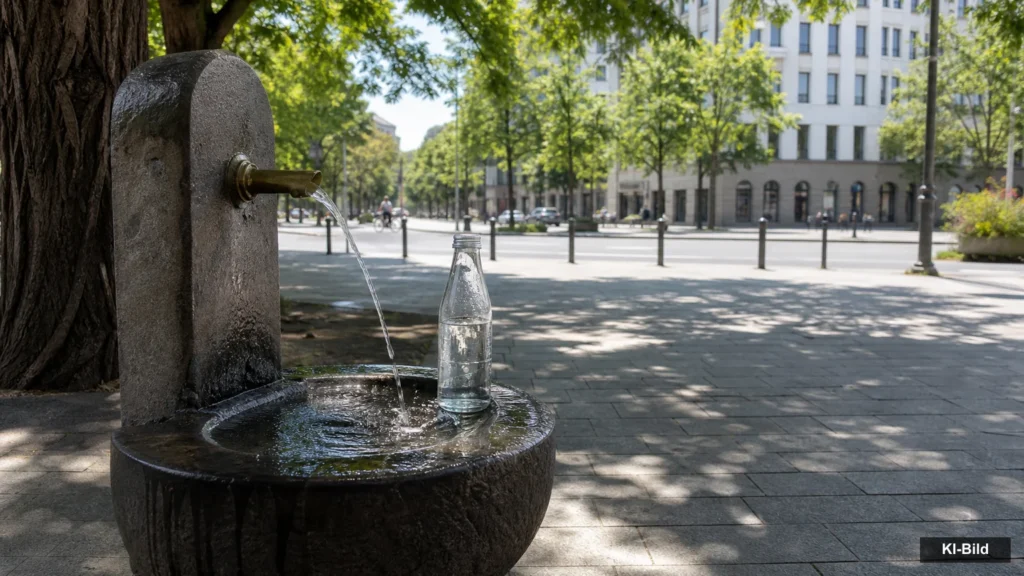 Öffentlicher Trinkbrunnen mit Wasserflasche im Schatten einer sommerlichen Stadtstraße als Symbol für die Hitzewarnung in NRW.