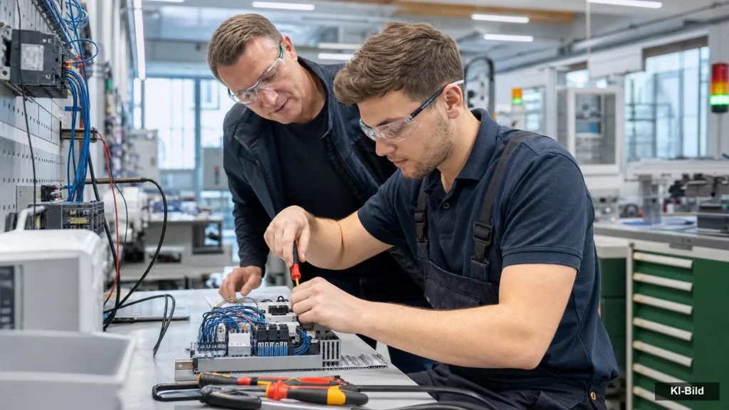 Erwachsener Auszubildender arbeitet unter Anleitung in einer modernen elektrotechnischen Lehrwerkstatt.