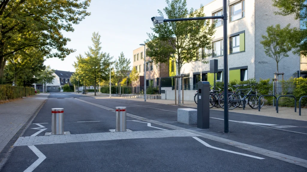 Helle symbolische Ansicht einer Schulstraße in Nordrhein-Westfalen mit versenkbaren Pollern vor einem neutralen Schulgebäude.