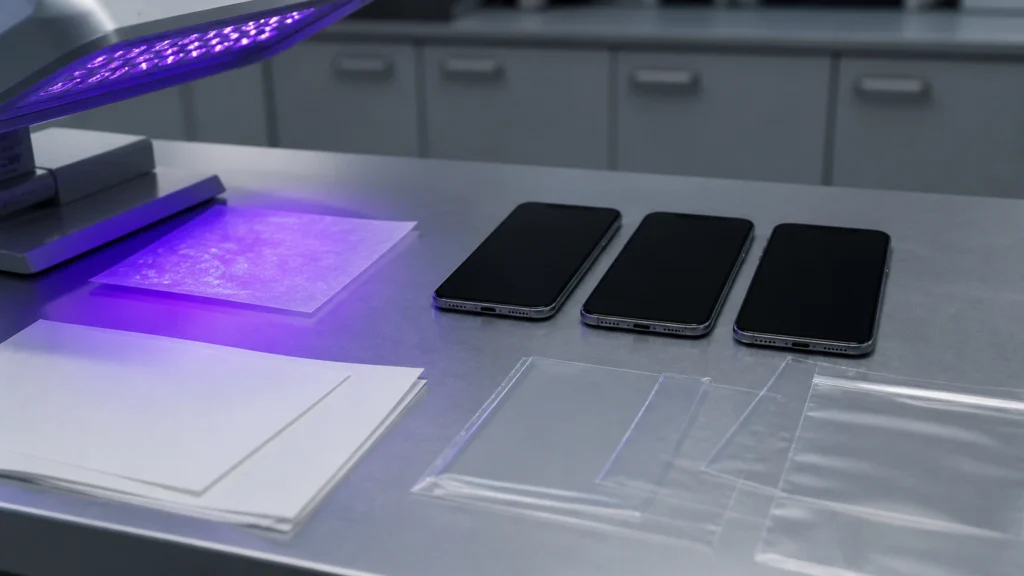 Symbolisches helles Stillleben mit mehreren Smartphones und unscharfen Geldscheinen auf einem neutralen Tisch.