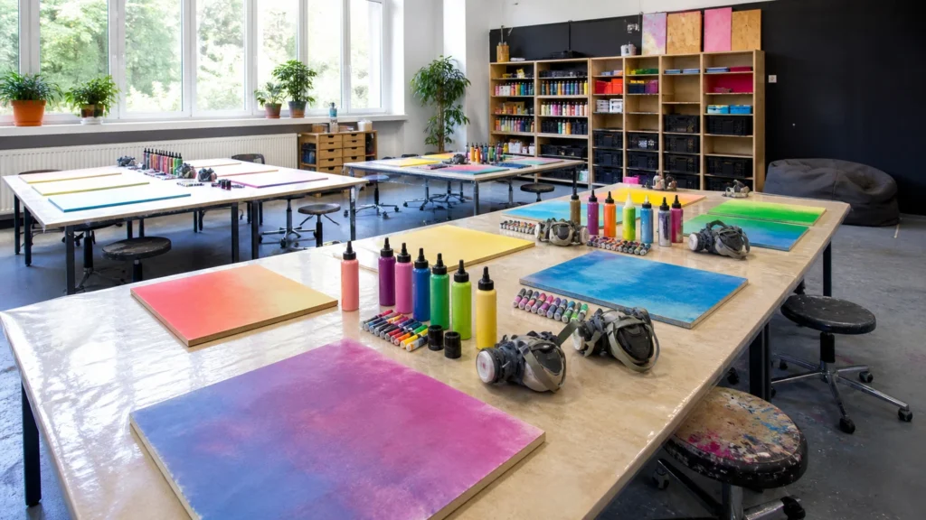 Vorbereiteter heller Kreativraum mit Farben, Schutzmasken und unbemalten Übungsplatten.