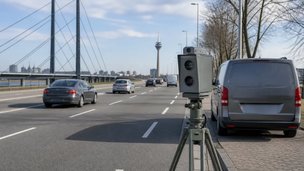 Mobiles Geschwindigkeitsmessgerät an einer mehrspurigen Stadtstraße.