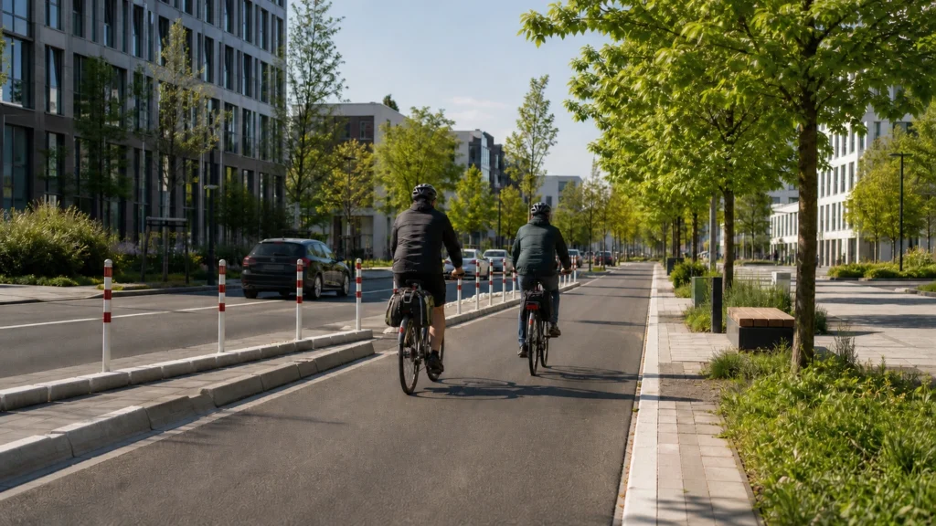 KI-generiertes Symbolbild zweier erwachsener Radfahrender auf einem geschützten Radweg in einer modernen Stadtstraße.