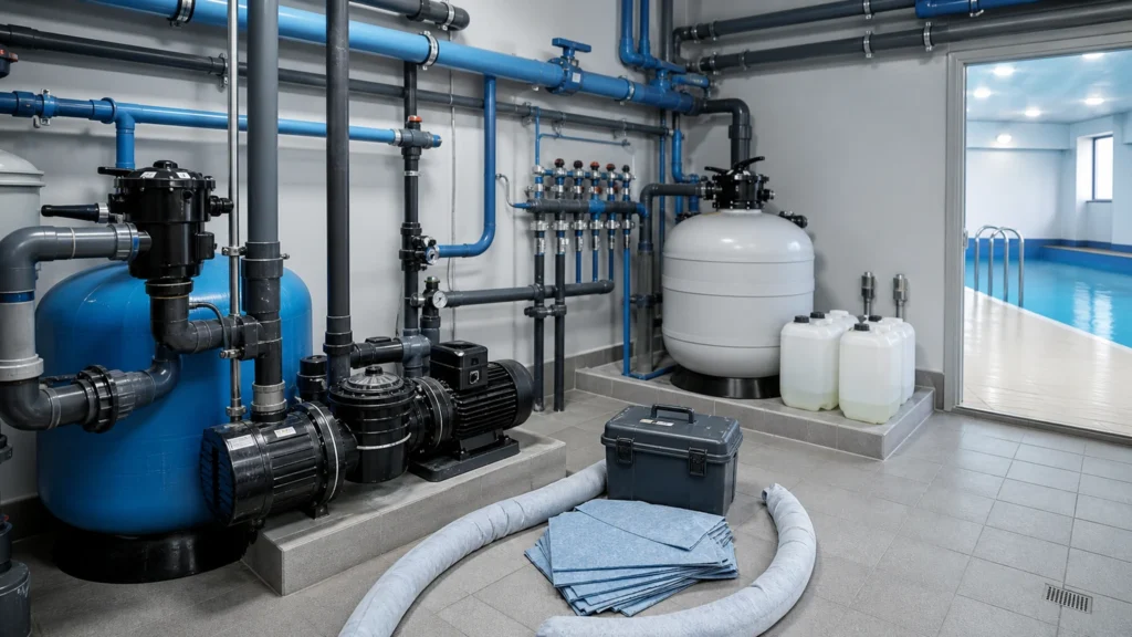Technikraum eines Hallenbads mit Pumpen, Filtern, Rohrleitungen und Bindematerial.