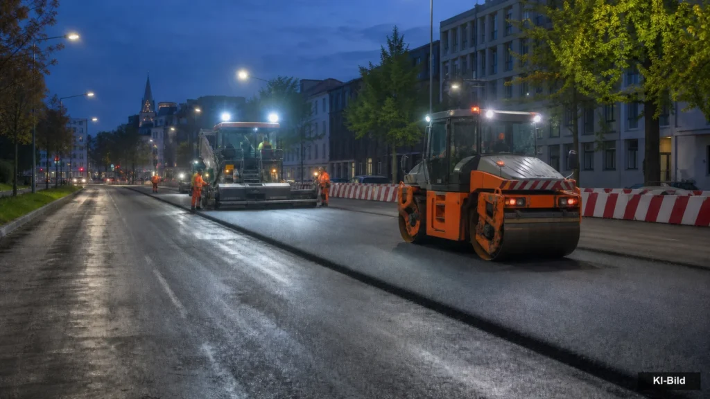 Nächtliche Fahrbahnerneuerung mit Asphaltfertiger und Straßenwalze als Symbol für die Sperrung der Gladbecker Straße in Essen.