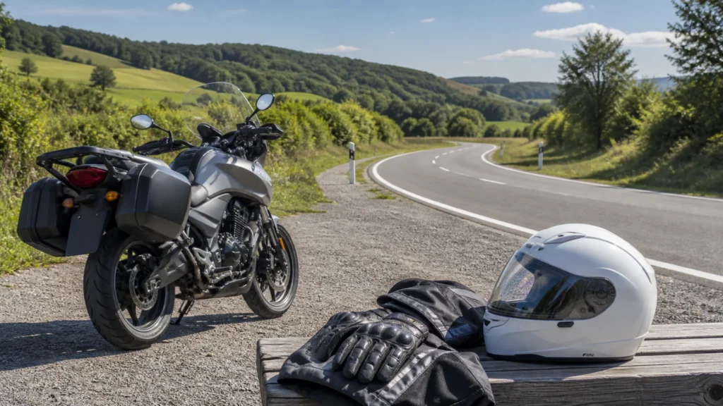 Geparktes Tourenmotorrad und Schutzkleidung an einer kurvigen Landstraße.