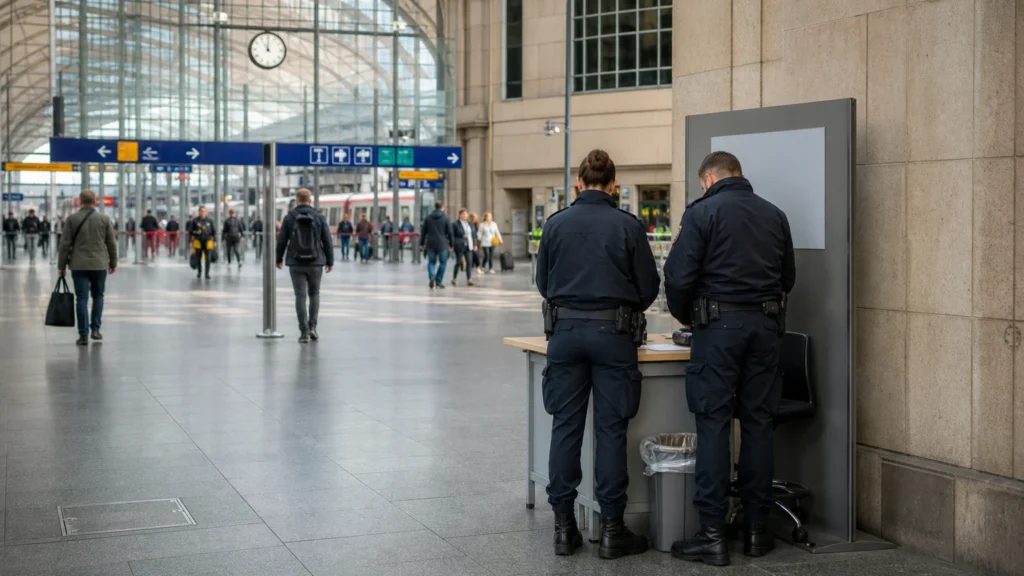Zwei neutrale Sicherheitskräfte an einem Kontrollplatz in einer großen Bahnhofshalle.