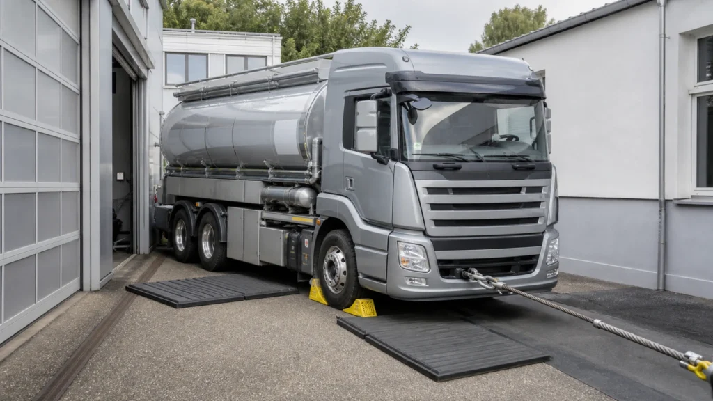 Unmarkierter silberner Tankwagen in einem engen Betriebshof mit Sicherungsmatten und Zugseil.
