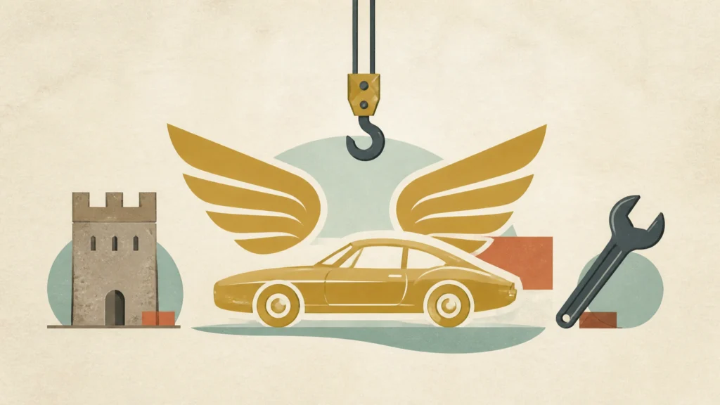 Stilisierte KI-Symbolillustration mit goldfarbener Autosilhouette, abstrakten Flügeln sowie neutralen Symbolen für Turm, Standortwechsel und Restaurierung.
