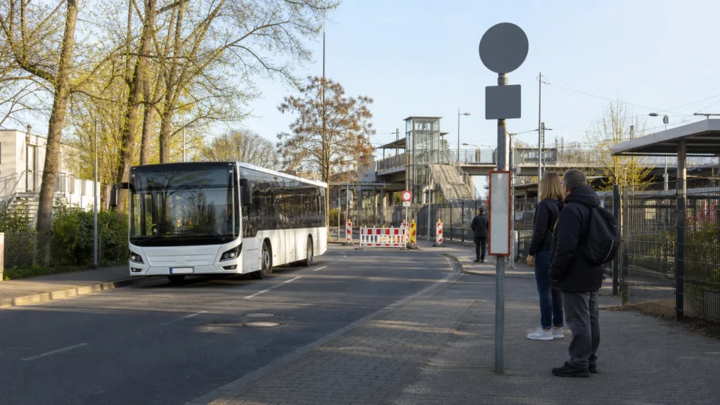 Unmarkierter Stadtbus an einer provisorischen Haltestelle neben einem Vorortbahnhof.