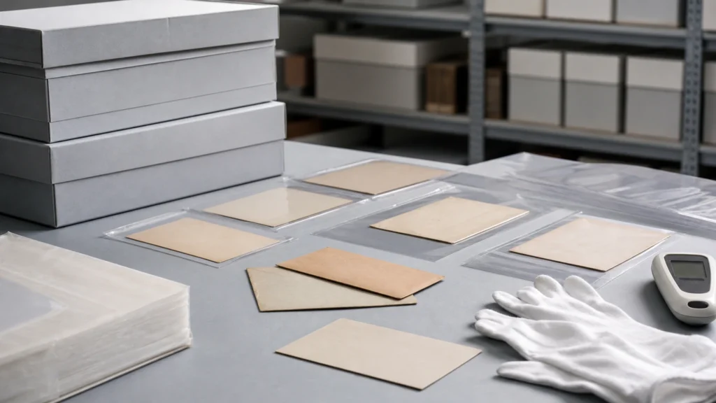 Heller Archivarbeitsplatz mit geschlossenen Archivboxen und konservatorischen Materialien.