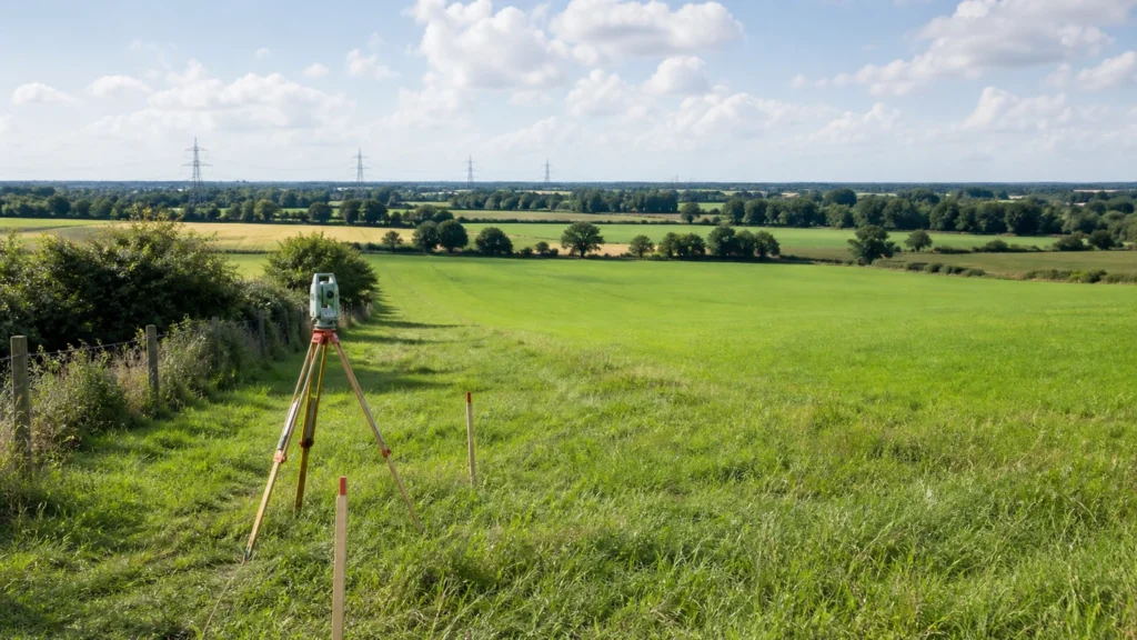 Helle Münsterland-Landschaft bei Legden mit Feldern, Hecken und einem Feldweg.