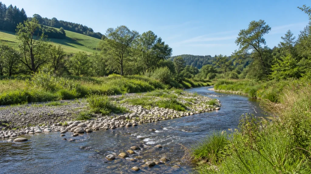 Naturnaher kleiner Fluss mit Kiesbänken, Ufergräsern und bewaldeten Hügeln.