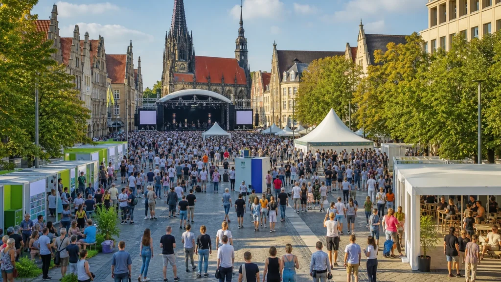 Erhöhte helle Ansicht eines großen Stadtfestes am Prinzipalmarkt in Münster mit nicht identifizierbarer Menge.