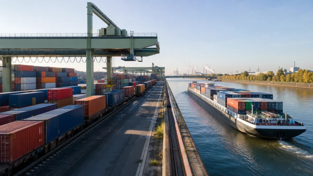 Heller nordrhein-westfälischer Binnenhafen mit Containern, Güterzug, Kränen und Lastwagen.