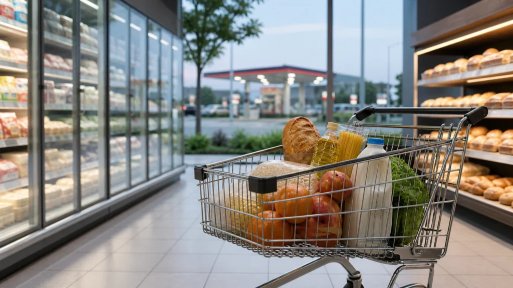 Heller Tankstellen-Shop mit neutralem Einkaufskorb und unscharfen Zapfsäulen im Hintergrund als Symbol für die Preisentwicklung in NRW.