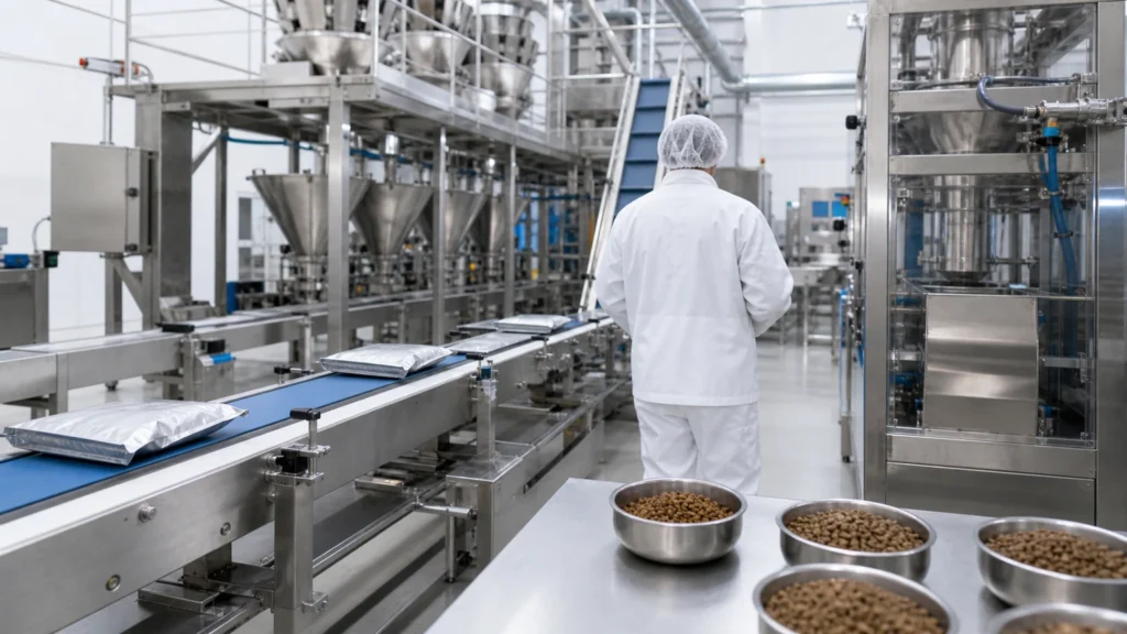 Moderner Produktionsbetrieb mit Förderband und unbedruckten Futtermittelverpackungen.