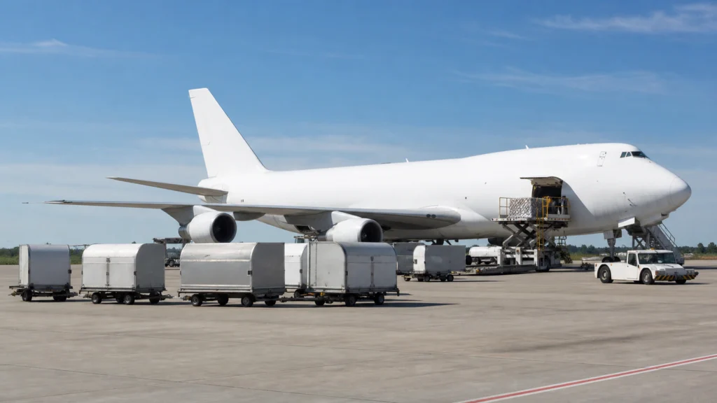 Neutrales Frachtflugzeug mit Luftfrachtcontainern auf einem hellen Flughafenvorfeld