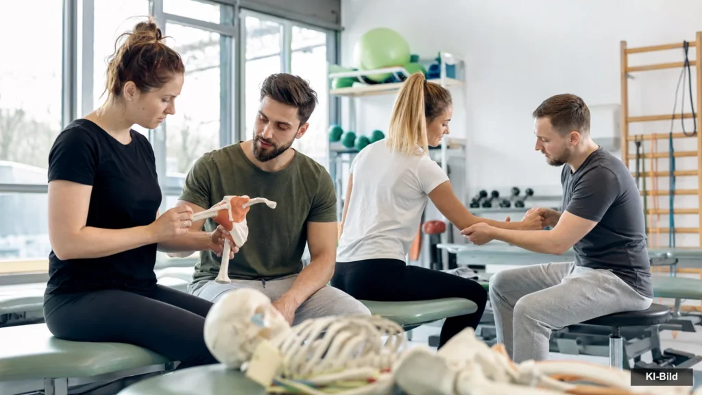 Erwachsene Auszubildende üben in einem modernen Raum für Physiotherapie und Gesundheitsfachberufe.