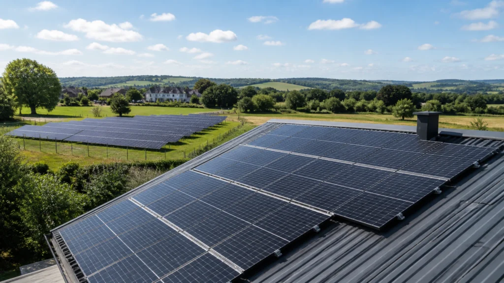 Helles Symbolbild mit Solarmodulen auf einem Dach und einer kleinen Freiflächenanlage im Hintergrund.