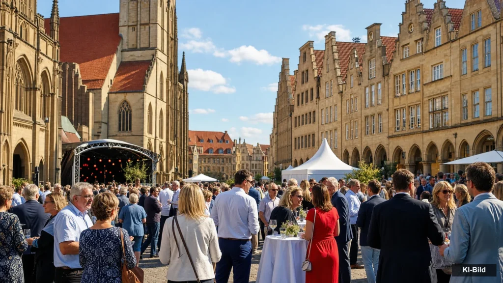 Öffentliches Sommerfest mit erwachsenen Besucherinnen und Besuchern vor historischen Giebelhäusern in Münster.