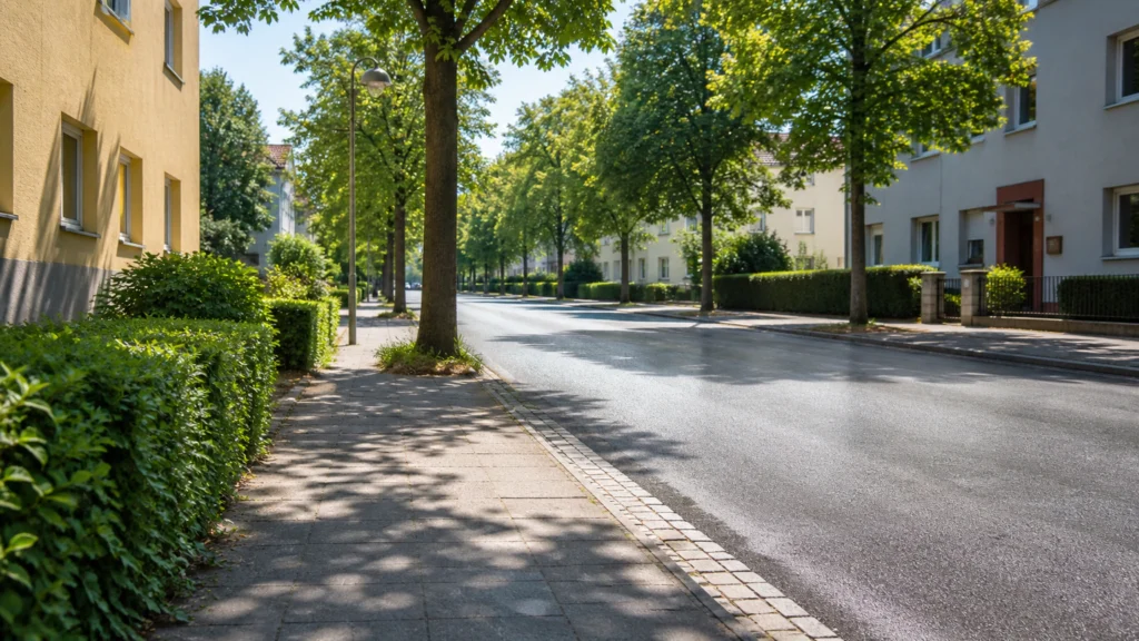 Hyperrealistisches Symbolbild einer sonnigen, heißen Stadtlandschaft mit Bäumen und leichtem Hitzeflimmern.