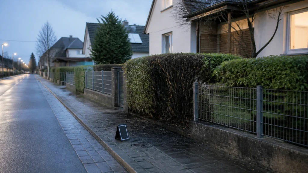 Ruhige Wohnstraße am frühen Morgen mit einem gelöschten, angesengten Heckenabschnitt.