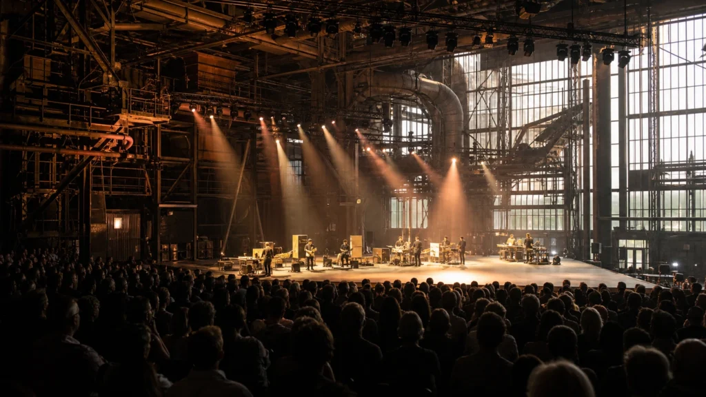 Industriekultur rund um die Jahrhunderthalle Bochum bei hellem Tageslicht.