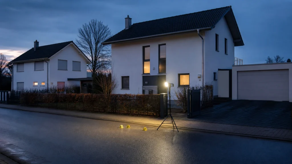 Helle Wohnstraße mit Einfamilienhäusern in Erftstadt-Köttingen, ohne erkennbare Personen, Schäden oder Kennzeichen.